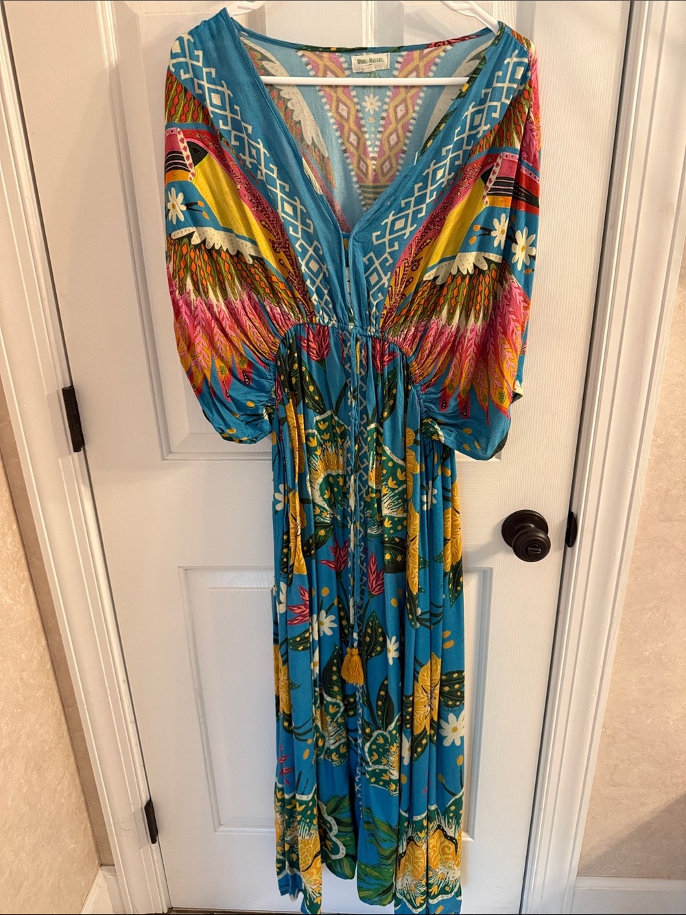 Vibrant Teal Boho Maxi Dress with Floral & Feather Print